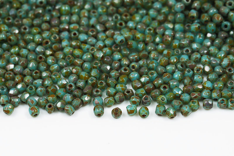 Czech Fire Polished 2.0mm Turquoise Blue Travertin Round Beads