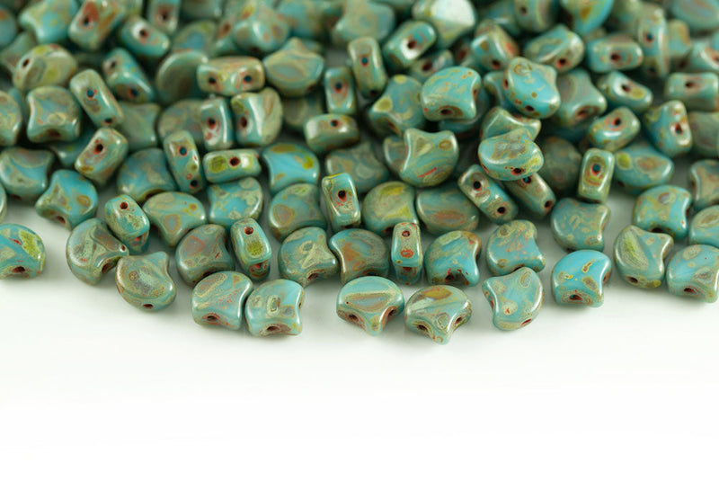 Ginko 7.5×7.5mm Turquoise Blue Travertin Dark 2-Hole Czech Beads