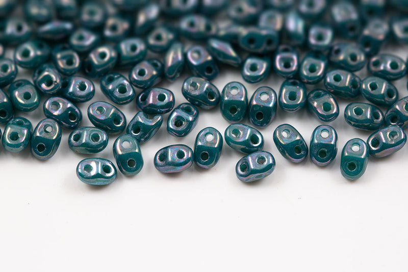 Miniduo 2×4mm Turquoise Green Nebula 2-Hole Czech Beads