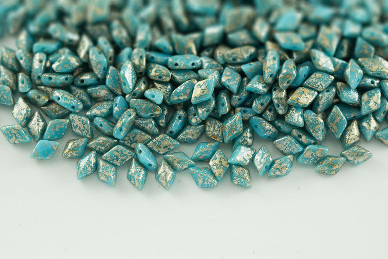 Gemduo 8×5mm Turquoise Green Silver Splash 2-Hole Czech Beads