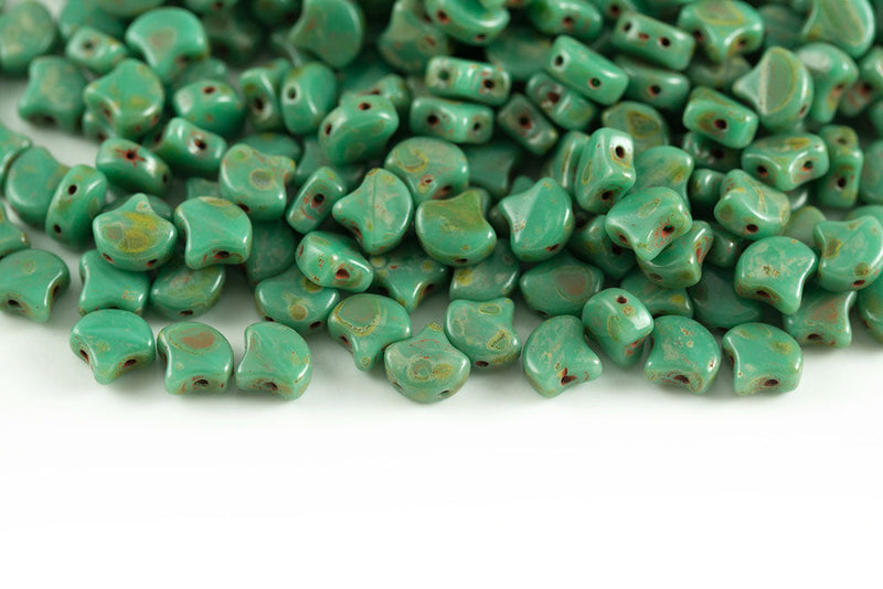 Ginko 7.5×7.5mm Turquoise Green Travertin Dark 2-Hole Czech Beads
