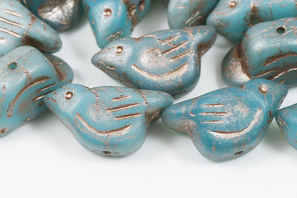 Bird 11×22mm Opal Dark Blue With Copper 1-Hole Czech Beads