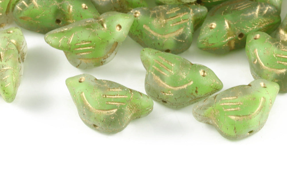 Bird 11×22mm Crystal Green Mixed With Gold Matt 1-Hole Czech Beads