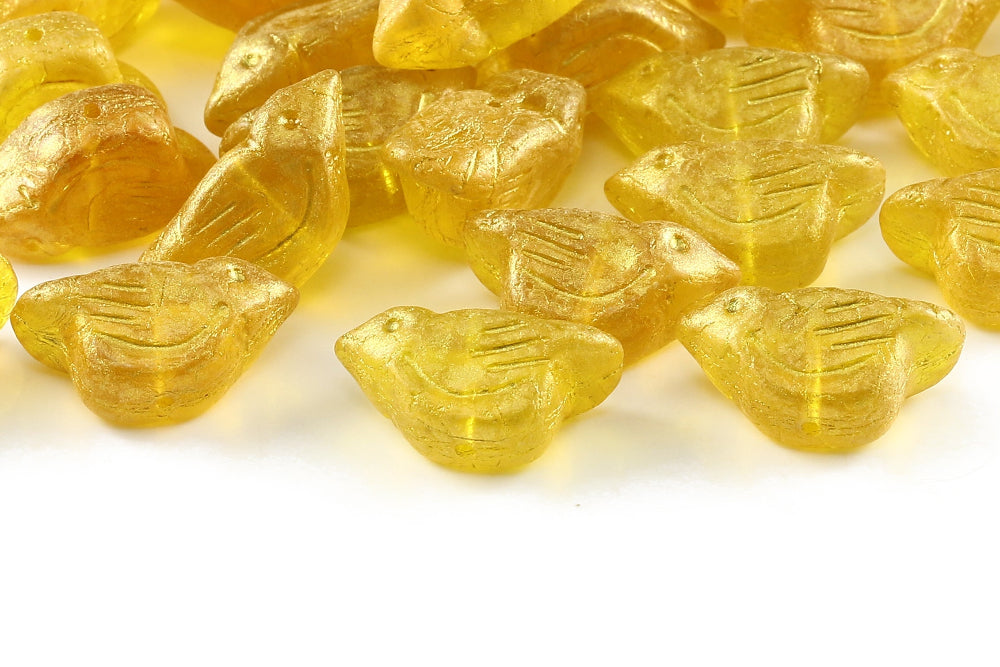 Bird 11×22mm Transparent Yellow Gold Powder 1-Hole Czech Beads
