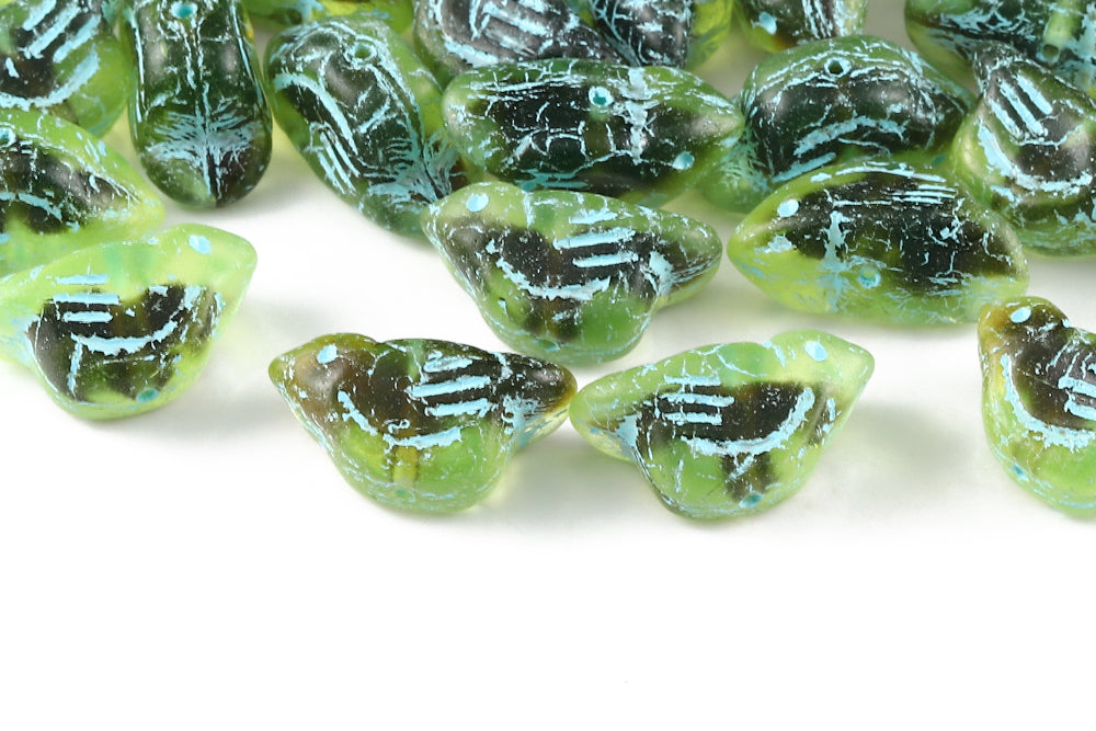 Bird 11×22mm Lime Green Brown Mixed With Blue 1-Hole Czech Beads