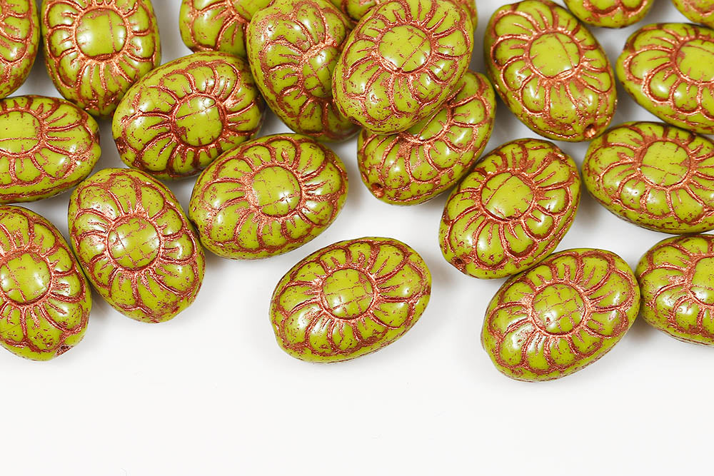 Flower Ball 13×10mm Opaque Olivine With Copper 1-Hole Czech Beads