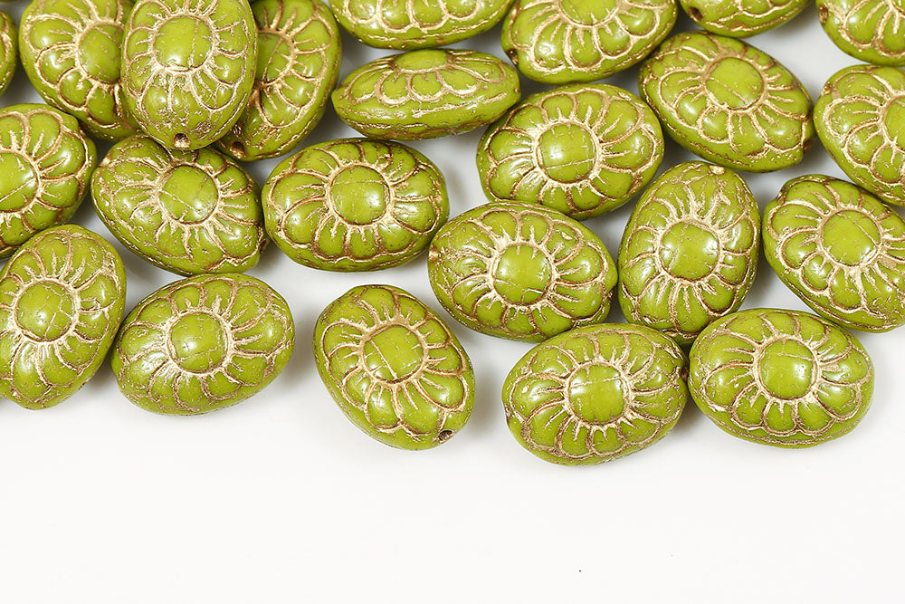 Flower Ball 13×10mm Opaque Olivine With Gold 1-Hole Czech Beads