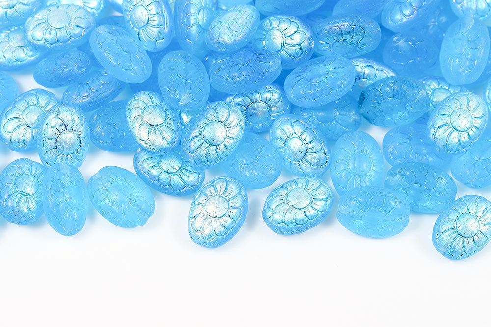 Flower Ball 13×10mm Aqua Matt AB 1-Hole Czech Beads