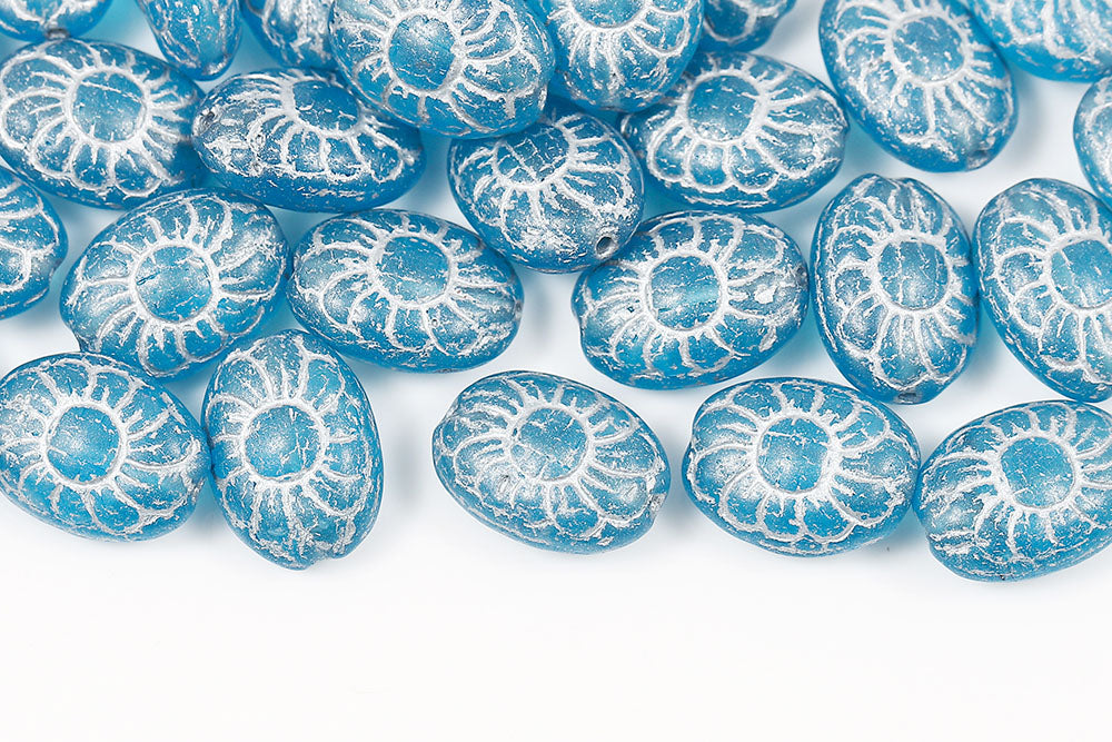 Flower Ball 13×10mm Aqua Matt With Silver 1-Hole Czech Beads