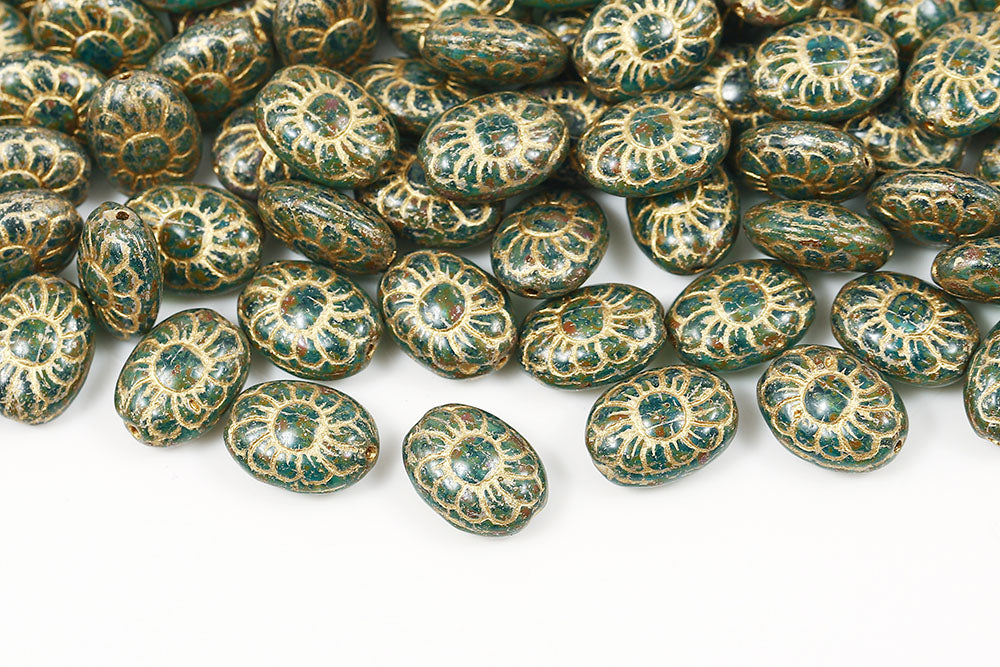 Flower Ball 13×10mm Aqua Travertin With Gold 1-Hole Czech Beads