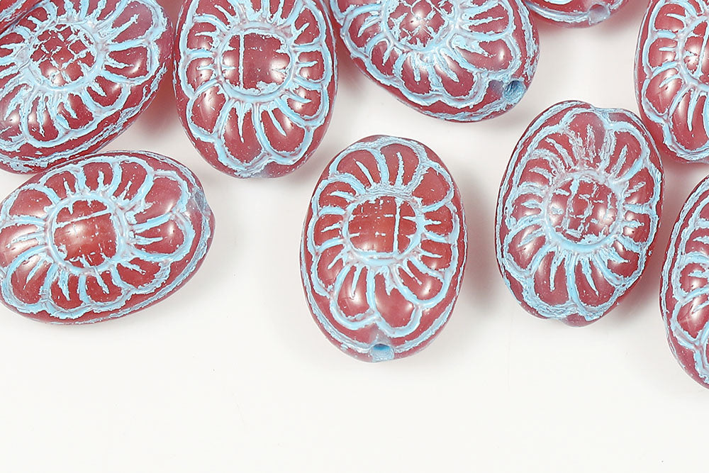 Flower Ball 13×10mm Opal Peach With Blue 1-Hole Czech Beads