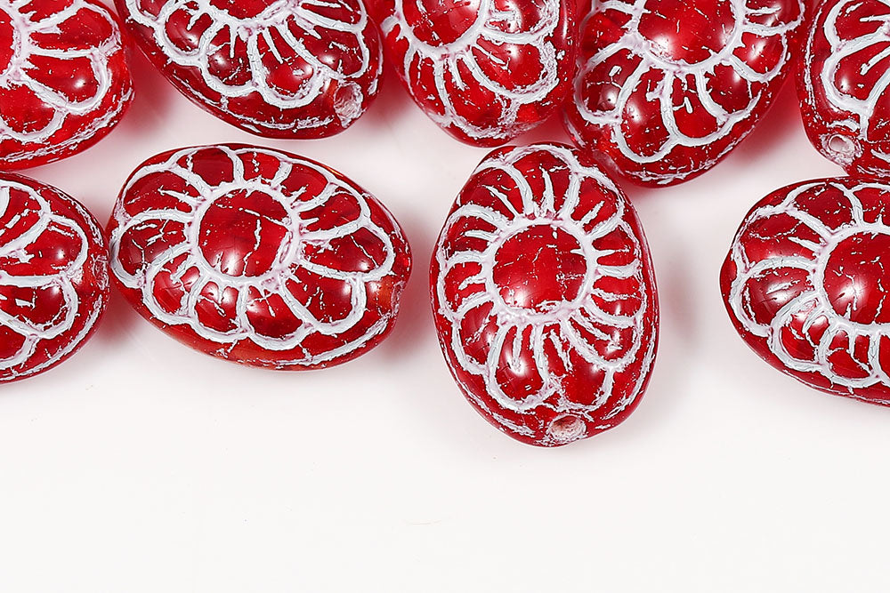 Flower Ball 13×10mm Siam With White 1-Hole Czech Beads