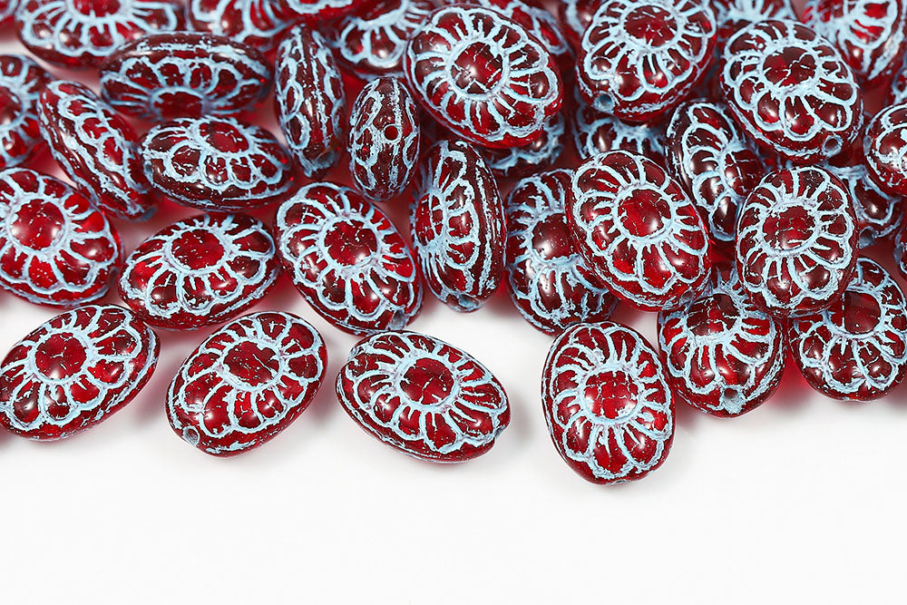 Flower Ball 13×10mm Siam With Blue 1-Hole Czech Beads