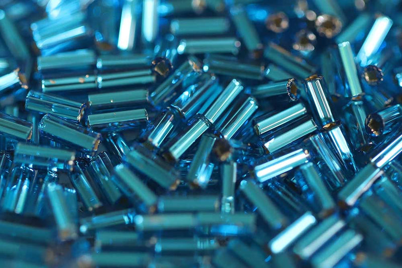 Preciosa Bugles 2″ Transparent Dark Aquamarine Silver Lined col.67150