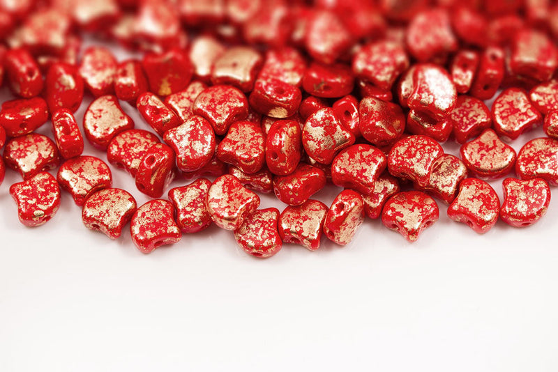 Ginko 7.5×7.5mm Gold Splash Opaque Coral Red 2-Hole Czech Beads