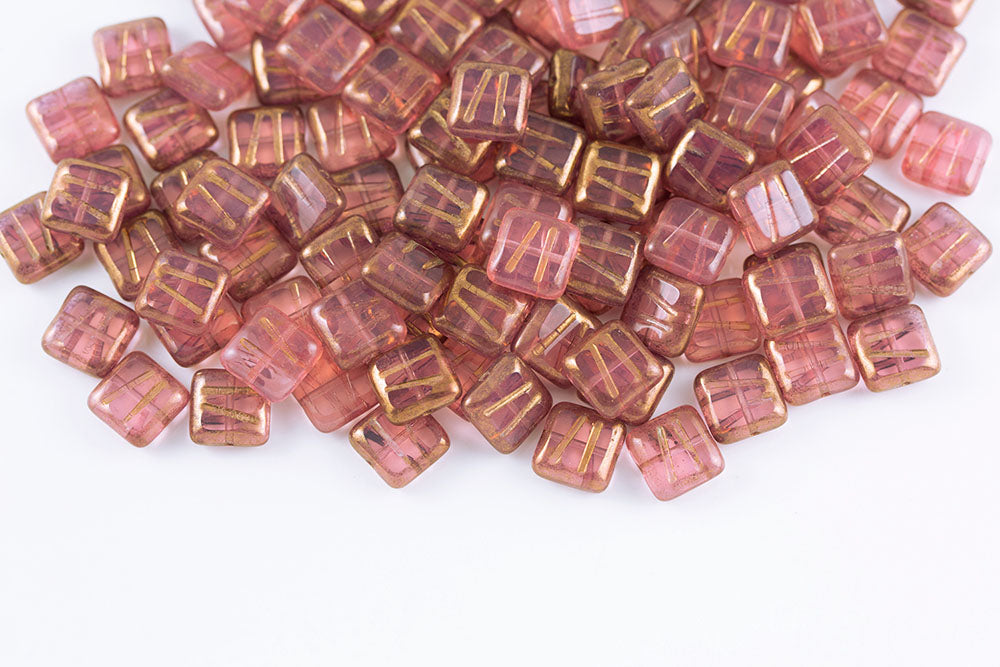 Squared Designed 10×10mm Rose Violet Luster 1-Hole Czech Beads