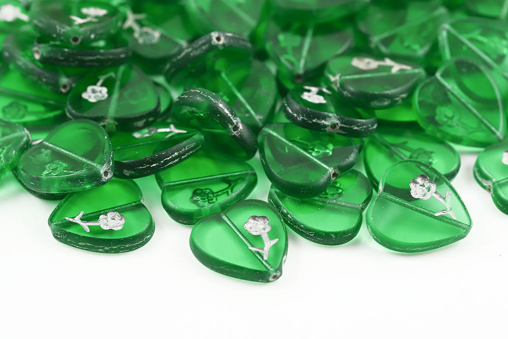 Rose Heart 17×16mm Crystal Green With Silver 1-Hole Czech Beads