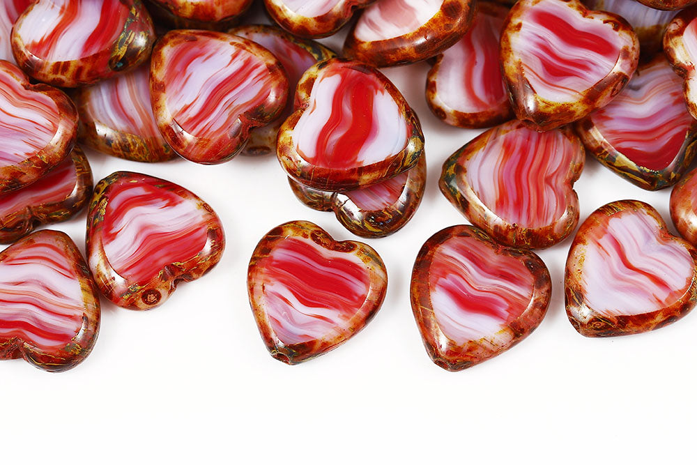 Heart 16×15mm Red White Mixed Travertine 1-Hole Czech Beads