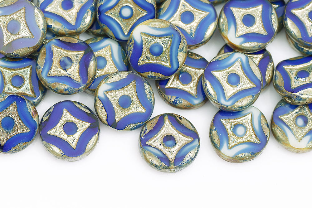 Star Coins 15mm White Blue Mixed Picasso 1-Hole Czech Beads