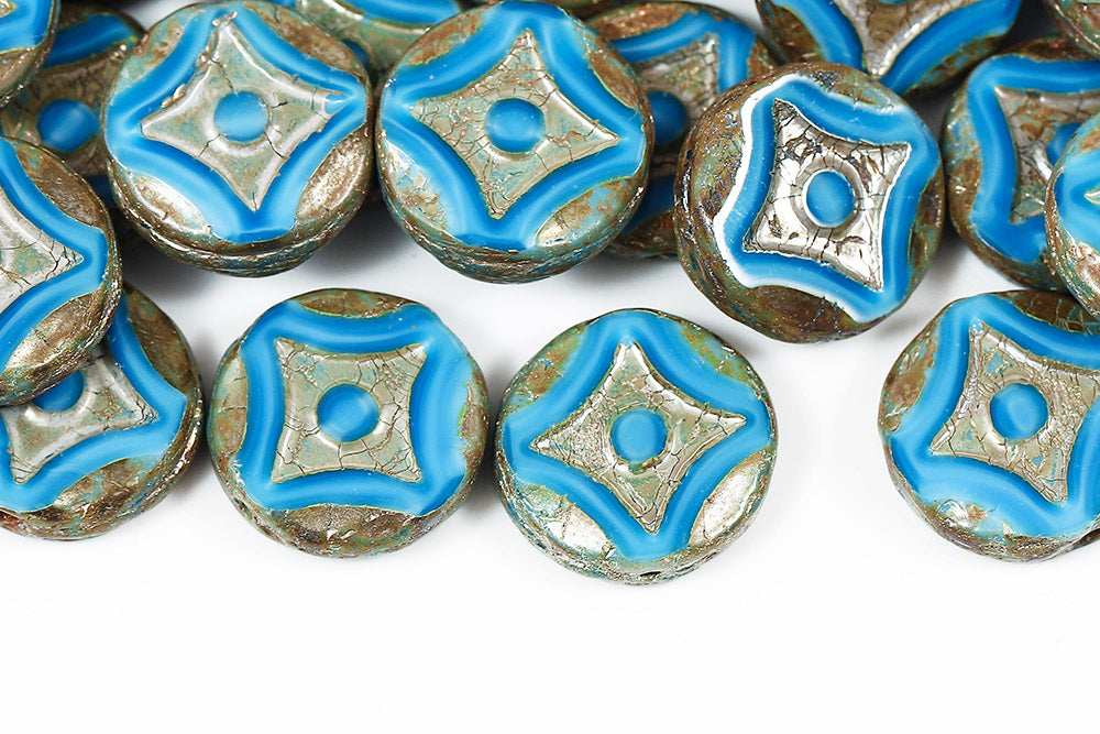 Star Coins 15mm Silk Aqua Picasso 1-Hole Czech Beads