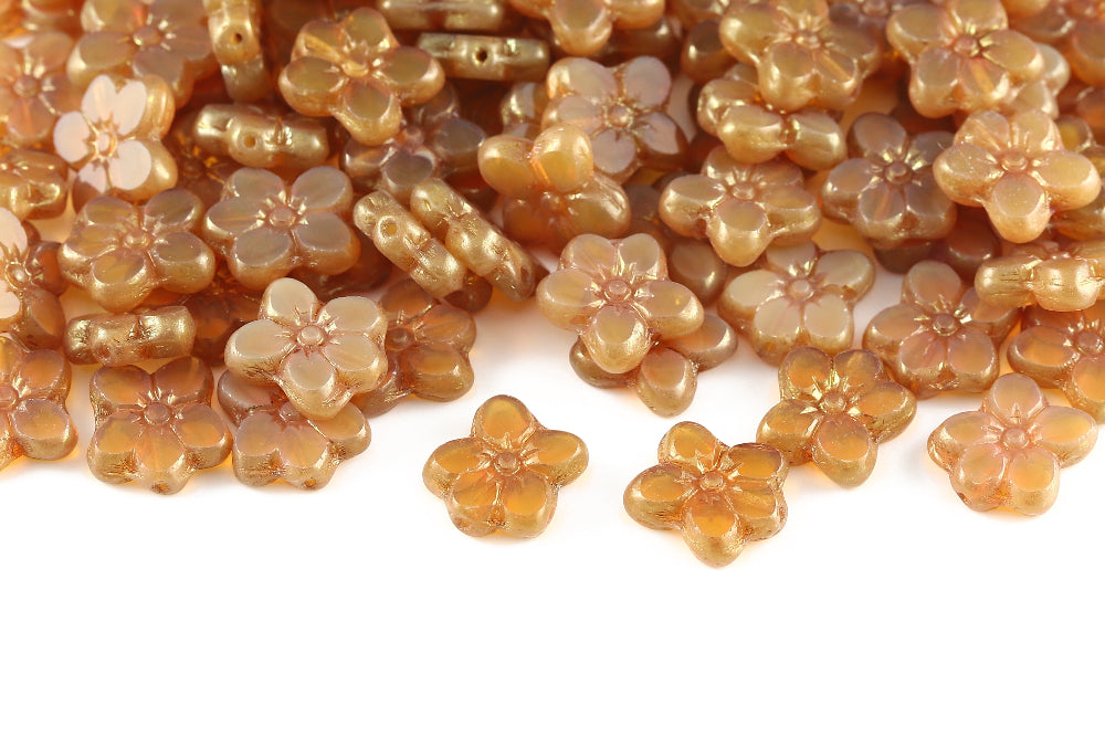 Flowers 14×12mm Opal Amber  Pink&Yellow Luster 1-Hole Czech Beads