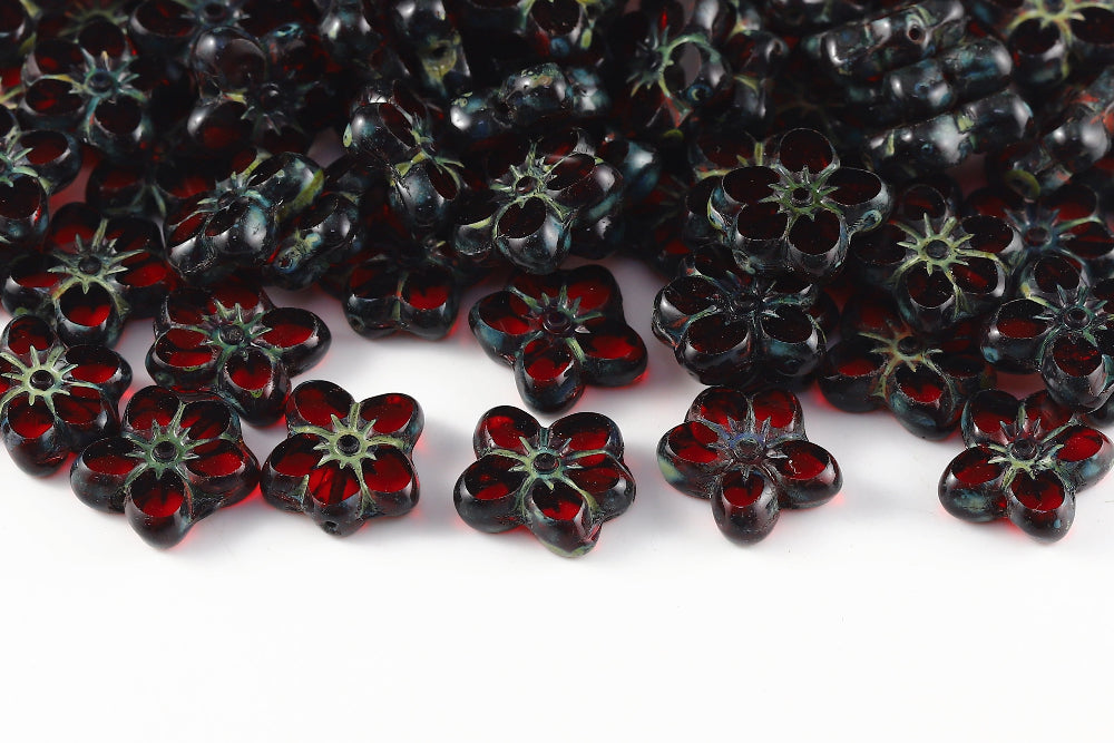 Flowers 14×12mm Ruby Travertin 1-Hole Czech Beads