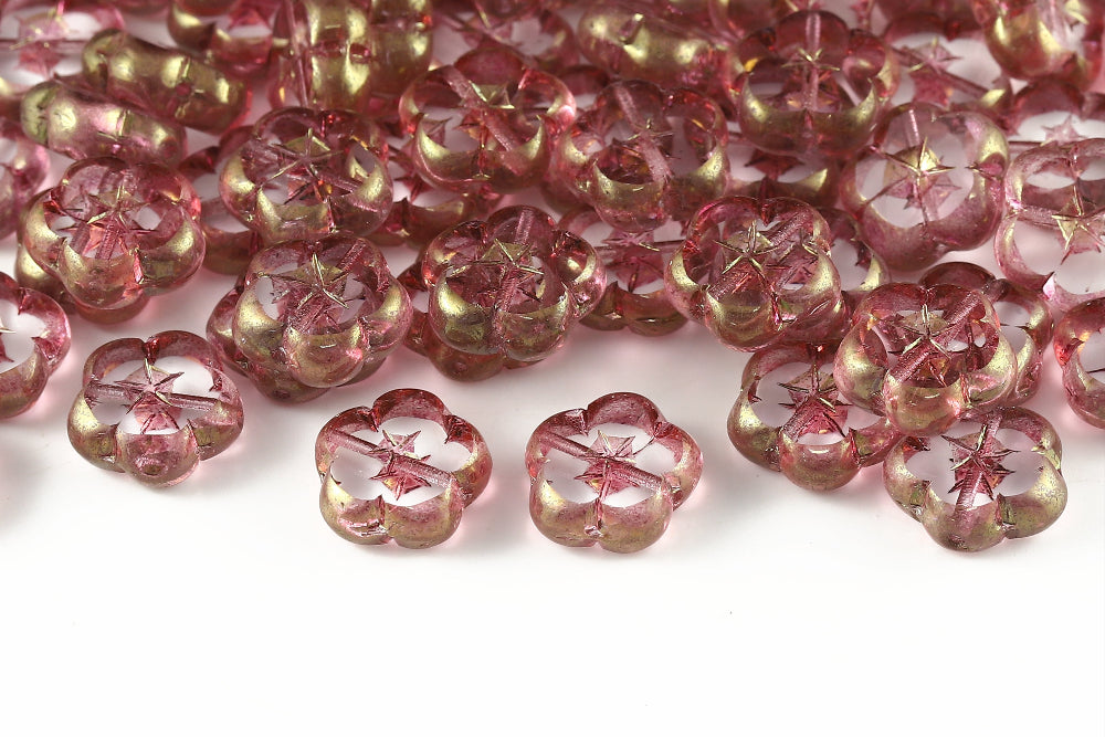 Dianthus Flowers 14mm Crystal Indian Pink Luster 1-Hole Czech Beads