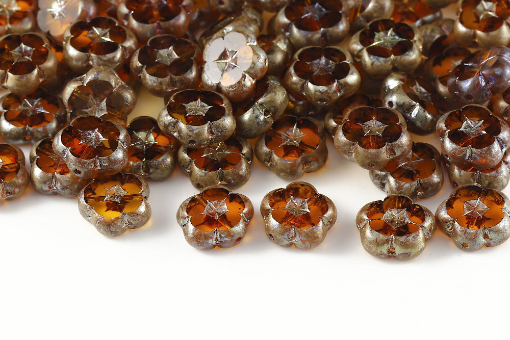 Dianthus Flowers 14mm Topaz Picasso 1-Hole Czech Beads