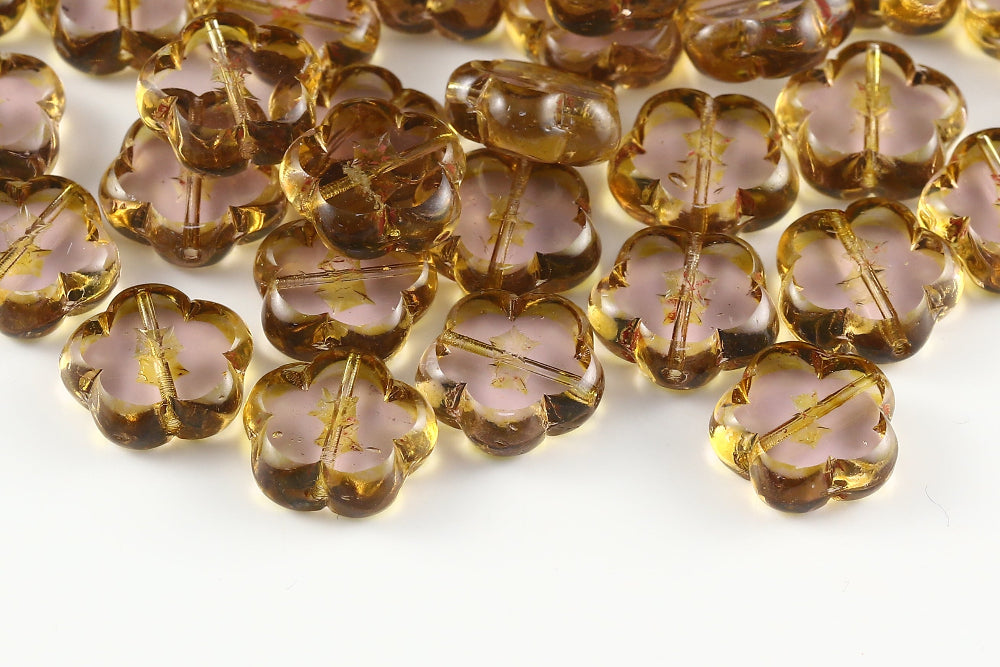 Dianthus Flowers 14mm Amethyst Travertin 1-Hole Czech Beads