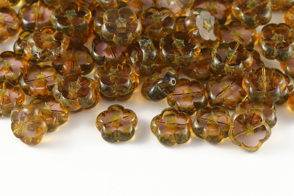 Dianthus Flowers 14mm Lt.Amethyst Travertin 1-Hole Czech Beads