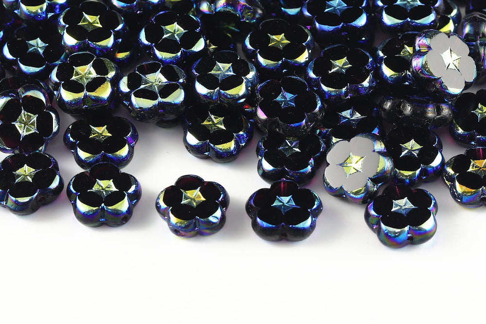 Dianthus Flowers 14mm Deep Tanzanite AB Full 1-Hole Czech Beads