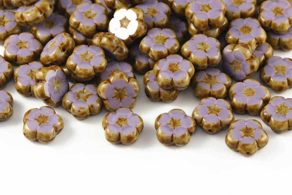 Dianthus Flowers 14mm Silk Lt.Amethyst Travertin 1-Hole Czech Beads