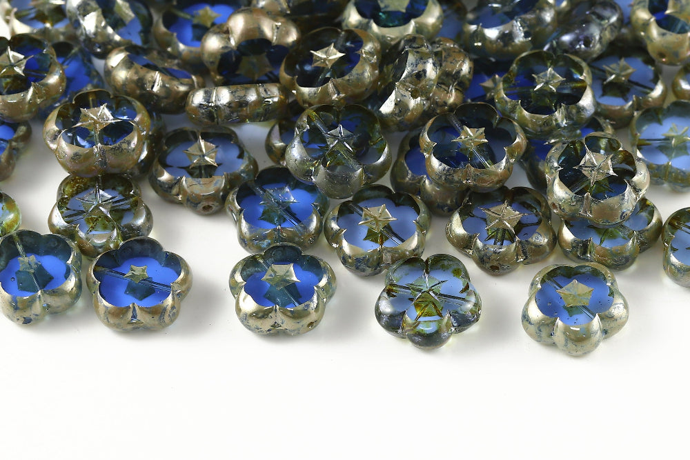 Dianthus Flowers 14mm Light Sapphire Picasso 1-Hole Czech Beads