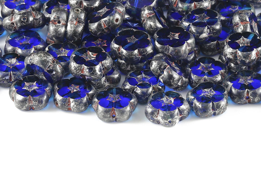Dianthus Flowers 14mm Sapphire Picasso 1-Hole Czech Beads