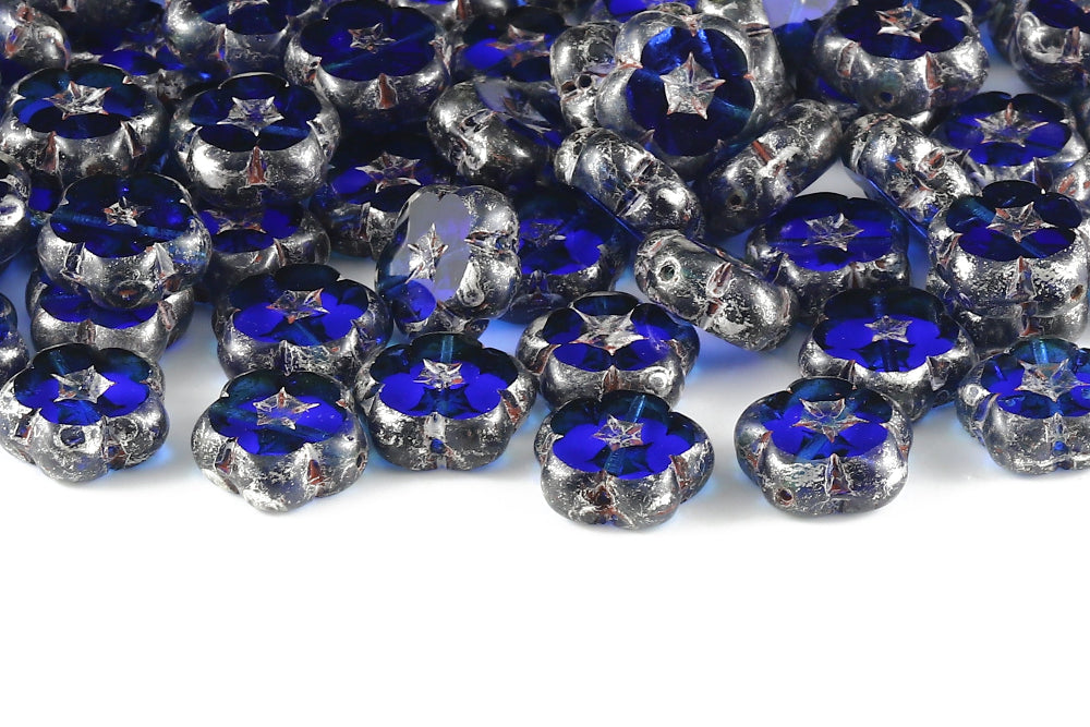 Dianthus Flowers 14mm Sapphire Rembrandt 1-Hole Czech Beads