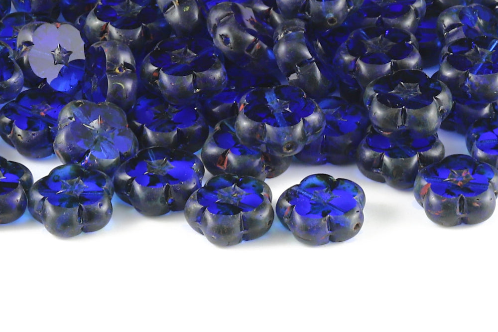 Dianthus Flowers 14mm Sapphire Travertin 1-Hole Czech Beads