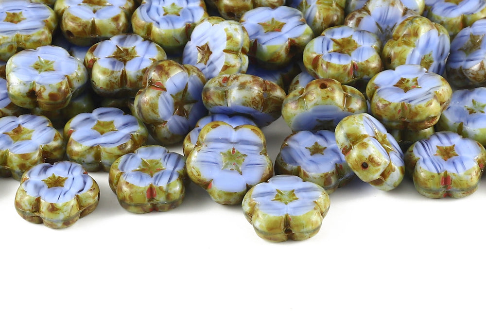 Dianthus Flowers 14mm Silk Lt.Sapphire Travertin 1-Hole Czech Beads