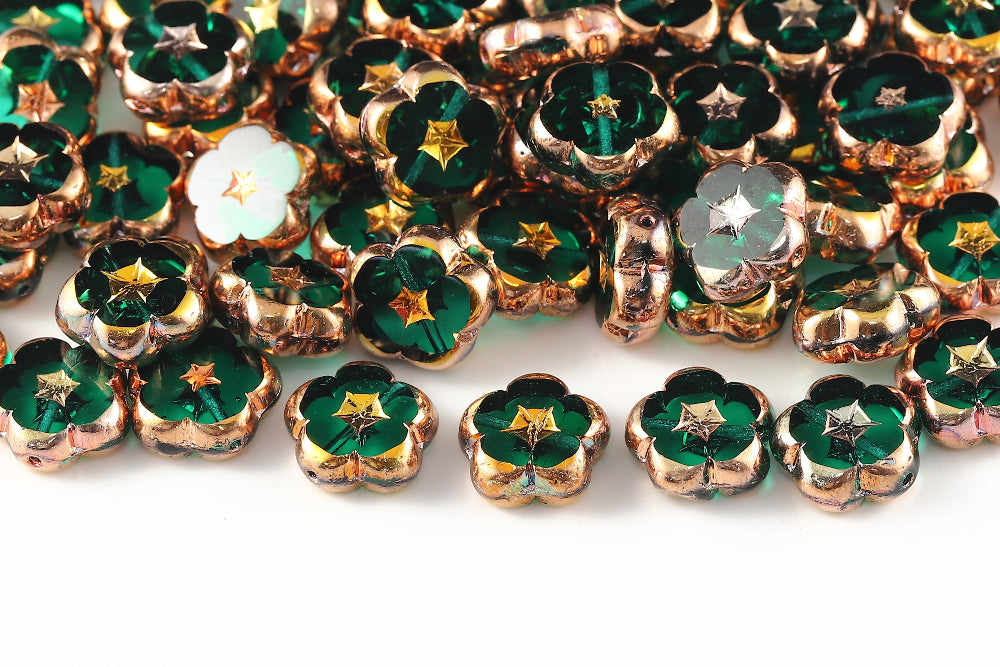 Dianthus Flowers 14mm Emerald Capri Gold 1-Hole Czech Beads