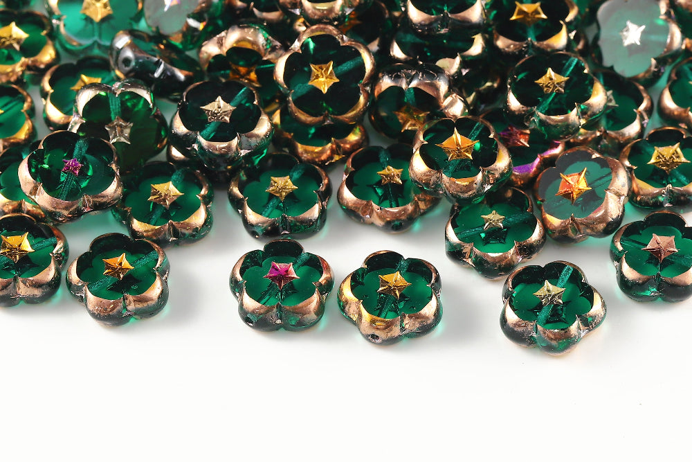 Dianthus Flowers 14mm Emerald Sliperit 1-Hole Czech Beads