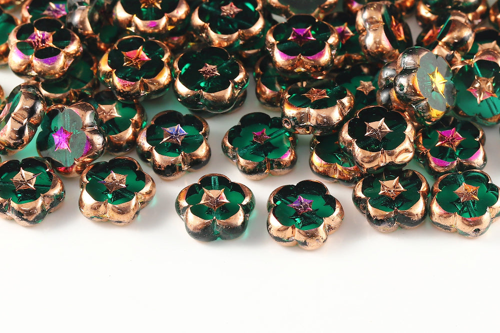 Dianthus Flowers 14mm Emerald Sliperit 1-Hole Czech Beads