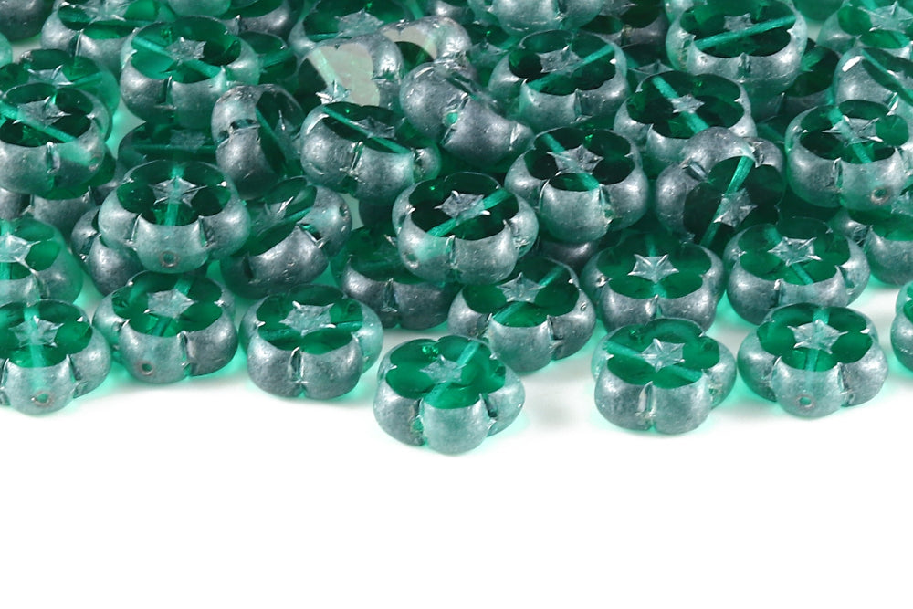 Dianthus Flowers 14mm Emerald Luster 1-Hole Czech Beads