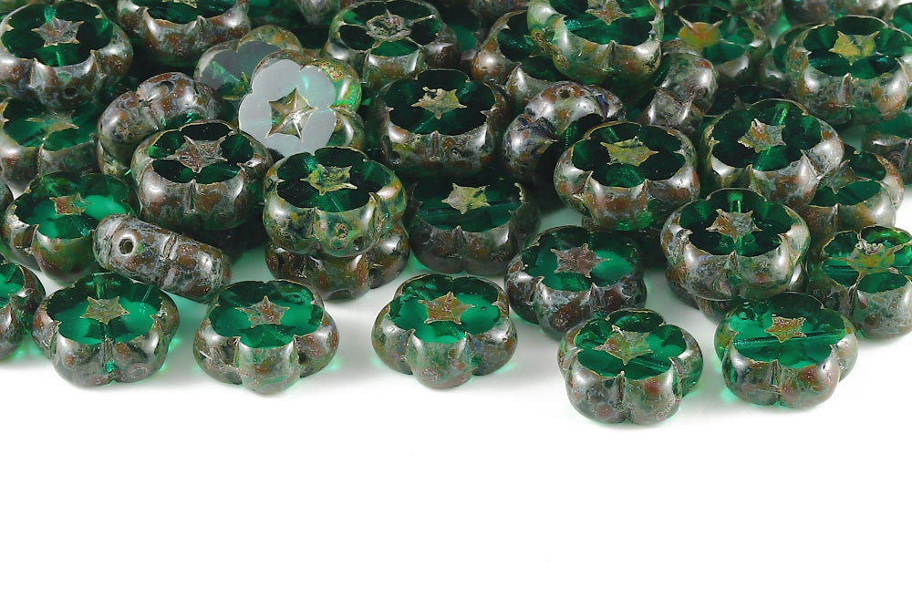 Dianthus Flowers 14mm Emerald Travertin 1-Hole Czech Beads