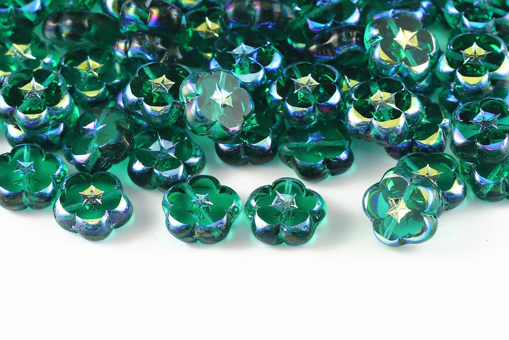Dianthus Flowers 14mm Emerald AB Full 1-Hole Czech Beads