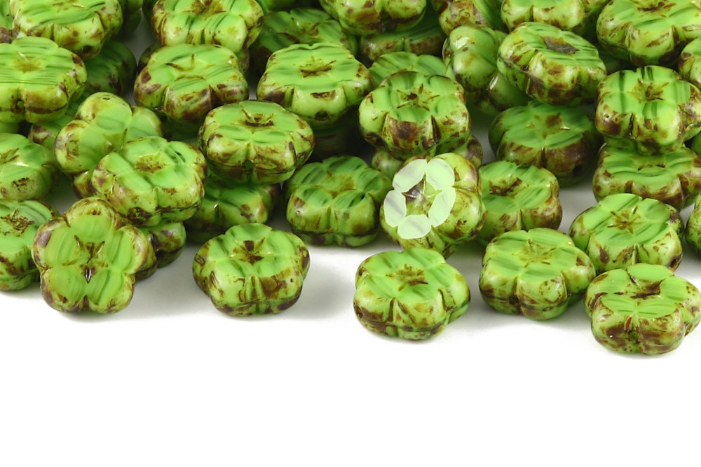 Dianthus Flowers 14mm Silk Peridot Travertin 1-Hole Czech Beads