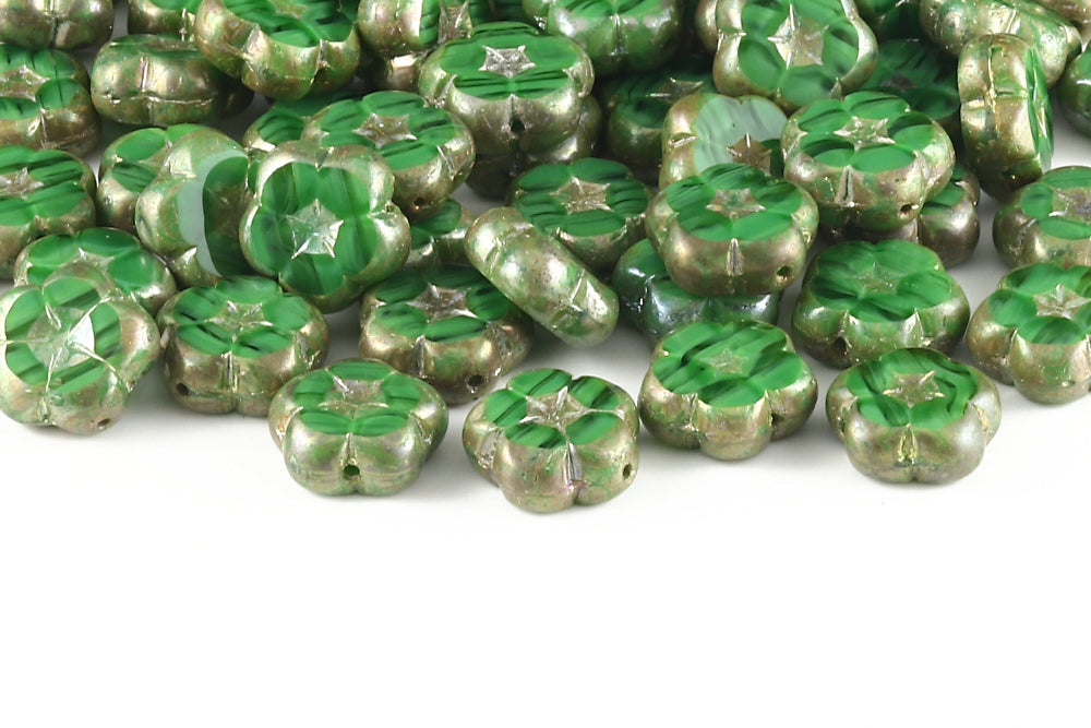 Dianthus Flowers 14mm Silk Peridot Picasso 1-Hole Czech Beads