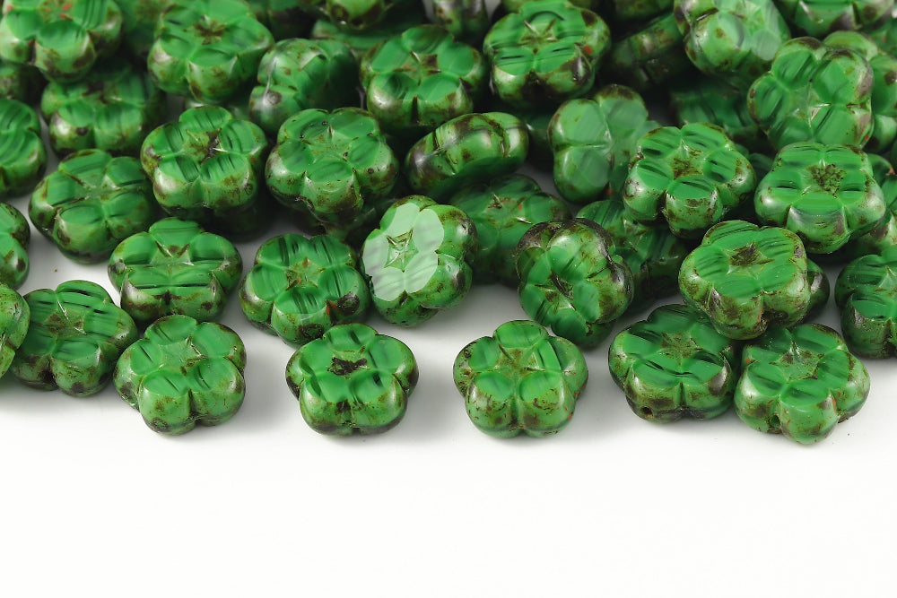 Dianthus Flowers 14mm Silk Peridot Travertin 1-Hole Czech Beads