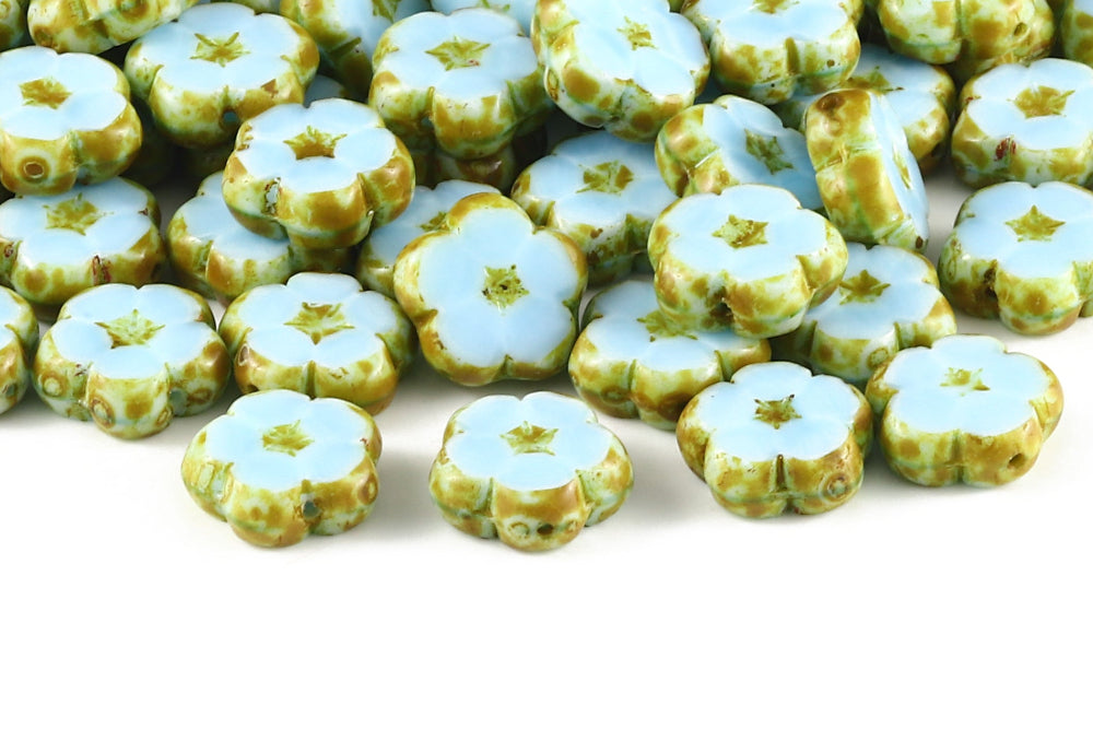 Dianthus Flowers 14mm Opaque Aquamarine Travertin 1-Hole Czech Beads