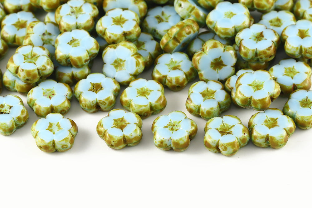 Dianthus Flowers 14mm Aquamarine Travertin 1-Hole Czech Beads