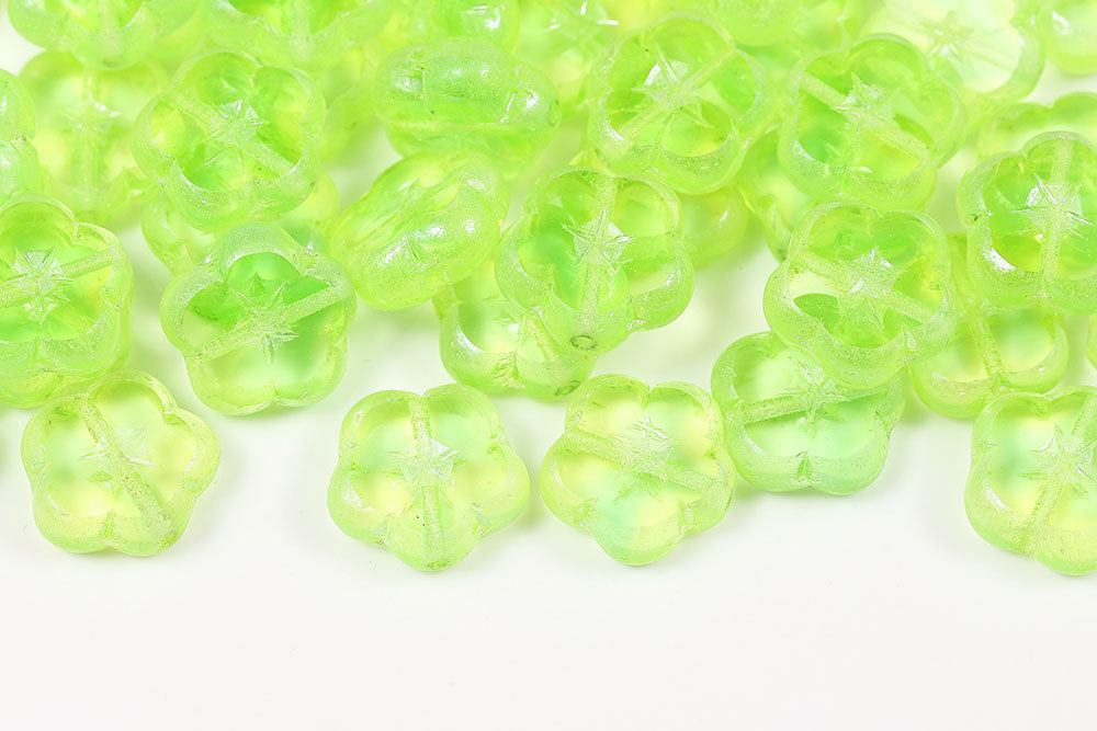 Dianthus Flowers 14mm Green Mixed Luster 1-Hole Czech Beads