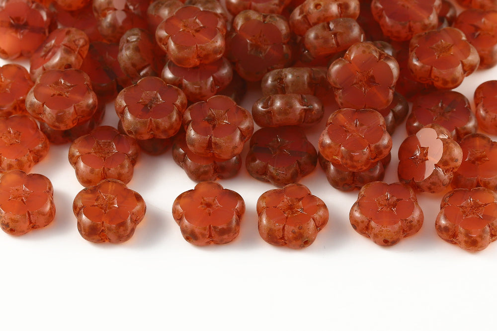 Dianthus Flowers 14mm Opal Peach Travertin 1-Hole Czech Beads